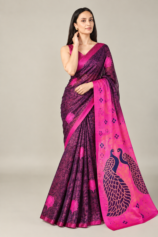 Deep Wine Rani Pink Jacquard Silk Peacock Saree