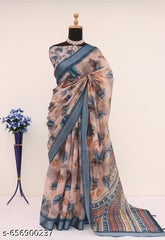 Premium Pure Linen Cotton Saree – Muted Beige-Taupe & Steel Blue Feather Digital Print Saree with Blouse Piece