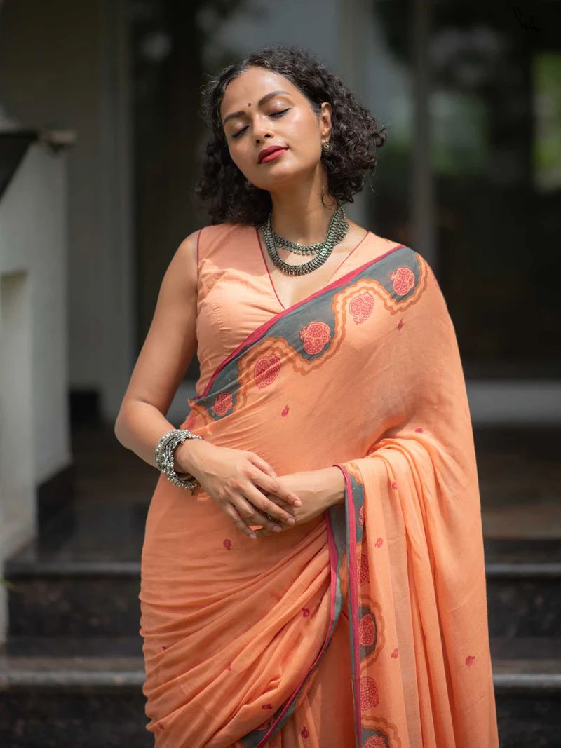 Women's Premium  Linen Cotton Blend Saree | Elegant Peach-Orange Traditional Block Border Printed Casual Sari with Unstitched Blouse Piece | Lightweight Daily Wear (Peach, Grey & Red)