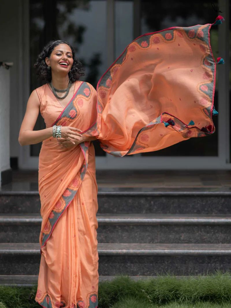Women's Premium  Linen Cotton Blend Saree | Elegant Peach-Orange Traditional Block Border Printed Casual Sari with Unstitched Blouse Piece | Lightweight Daily Wear (Peach, Grey & Red)