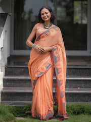 Women's Premium  Linen Cotton Blend Saree | Elegant Peach-Orange Traditional Block Border Printed Casual Sari with Unstitched Blouse Piece | Lightweight Daily Wear (Peach, Grey & Red)