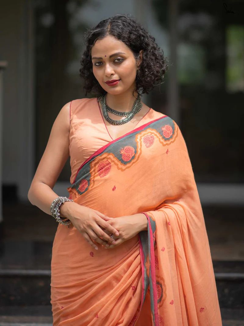 Women's Premium  Linen Cotton Blend Saree | Elegant Peach-Orange Traditional Block Border Printed Casual Sari with Unstitched Blouse Piece | Lightweight Daily Wear (Peach, Grey & Red)
