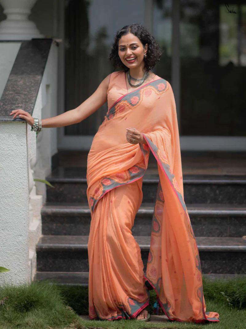 Women's Premium  Linen Cotton Blend Saree | Elegant Peach-Orange Traditional Block Border Printed Casual Sari with Unstitched Blouse Piece | Lightweight Daily Wear (Peach, Grey & Red)