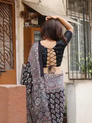 Ajarakh Real Mirror Saree & Designer Blouse | Party Wear Saree For Women | Mirror Work Saree