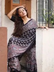 Ajarakh Real Mirror Saree & Designer Blouse | Party Wear Saree For Women | Mirror Work Saree