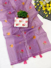 Royal Purple Check Cotton Saree – Floral Embroidery with Blouse Piece