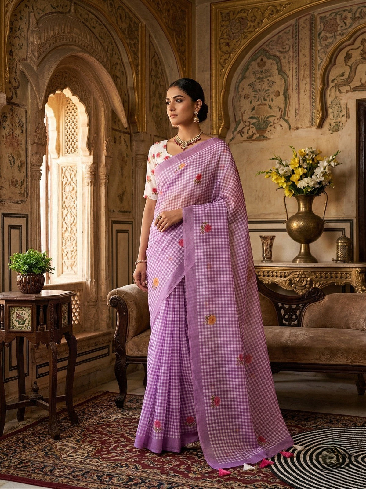 Royal Purple Check Cotton Saree – Floral Embroidery with Blouse Piece
