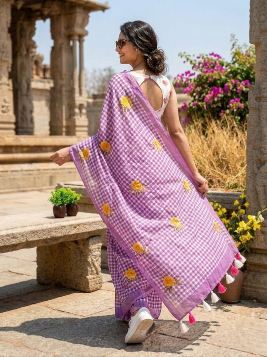 Royal Purple Check Cotton Saree – Floral Embroidery with Blouse Piece