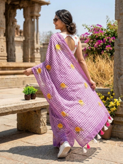 Royal Purple Check Cotton Saree – Floral Embroidery with Blouse Piece