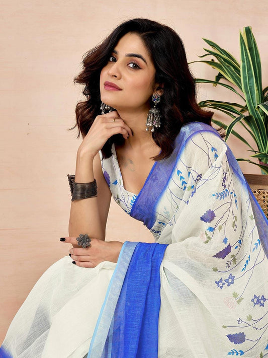 Azure Blossom Linen Cotton Saree – Sky Blue Floral Print