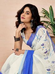 Azure Blossom Linen Cotton Saree – Sky Blue Floral Print