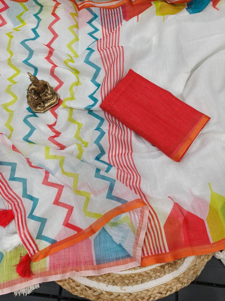 Women's Pure Linen Cotton Saree | Traditional Handloom Look Geometric Block Printed Casual & Festive Sari with Unstitched Blouse Piece | Lightweight Summer & Elegant Daily Wear (Off-White & Festive Multi-Color)