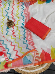 Women's Pure Linen Cotton Saree | Traditional Handloom Look Geometric Block Printed Casual & Festive Sari with Unstitched Blouse Piece | Lightweight Summer & Elegant Daily Wear (Off-White & Festive Multi-Color)