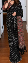 Black Bandhej With Ajarakh Pallu Real Mirror Saree For Women