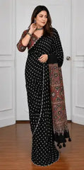 Black Bandhej With Ajarakh Pallu Real Mirror Saree For Women