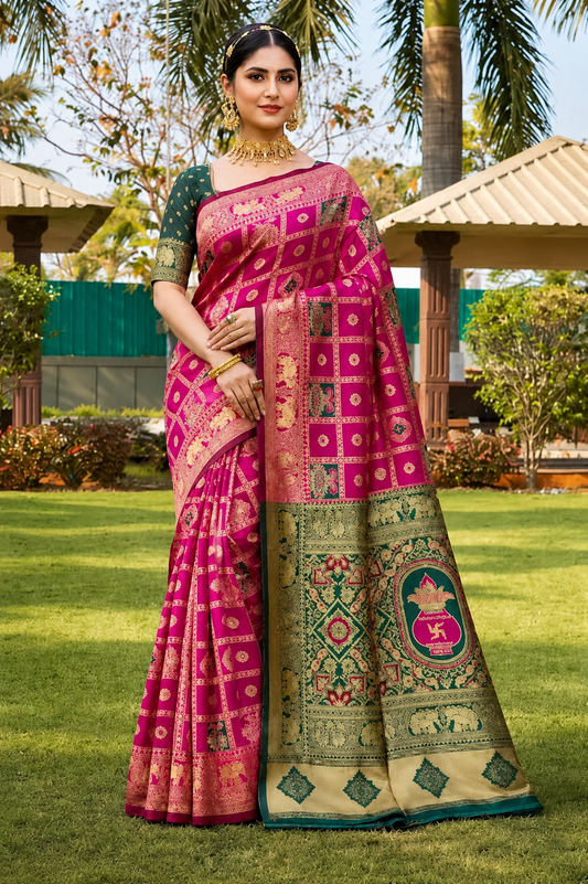 Rani Pink Green Jacquard Silk Elephant Saree