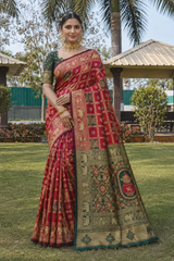 Red Green Jacquard Silk Elephant Motif Saree