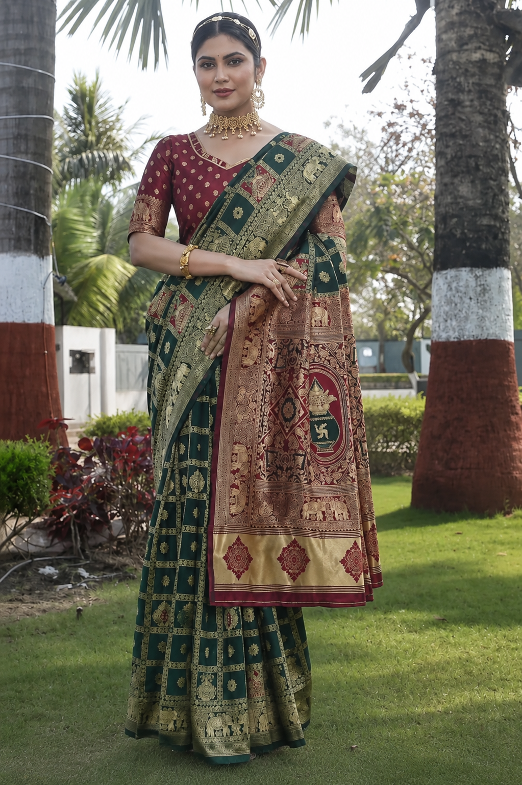 Emerald Green Maroon Jacquard Silk Saree