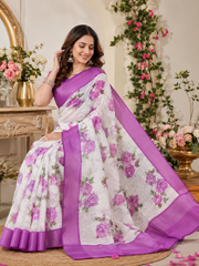 Pure Linen Cotton Rose Motif Saree with Orchid Border