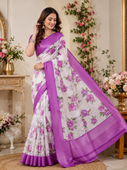 Pure Linen Cotton Rose Motif Saree with Orchid Border