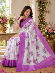 Pure Linen Cotton Rose Motif Saree with Orchid Border