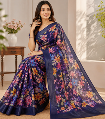 Pure Linen Cotton Multicolor Floral Saree with Blue Border