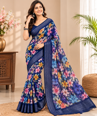 Pure Linen Cotton Multicolor Floral Saree with Blue Border