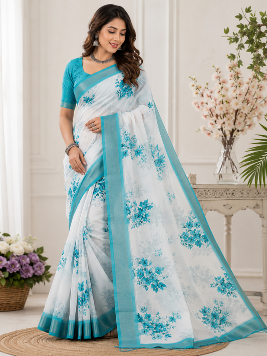 Linen Cotton Floral Saree with Turquoise Zari Border