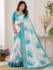 Linen Cotton Floral Saree with Turquoise Zari Border