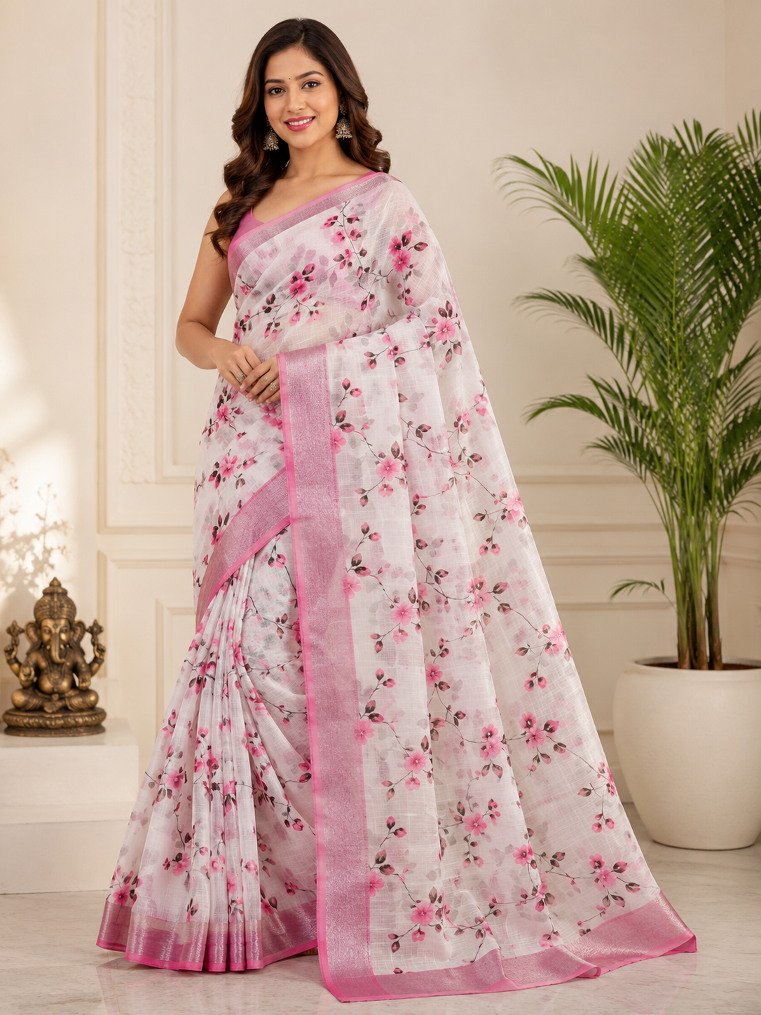 Pure Linen Cotton Floral Saree with Metallic Zari Border