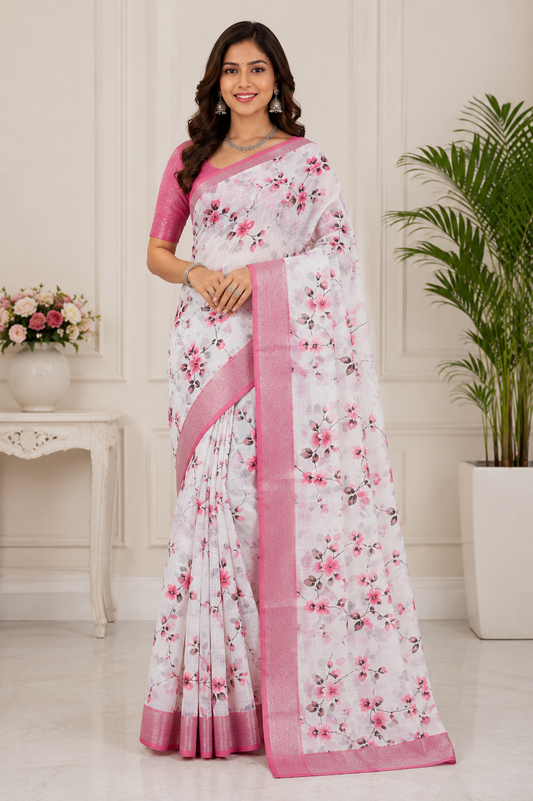 Pure Linen Cotton Floral Saree with Metallic Zari Border