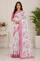 Pure Linen Cotton Floral Saree with Metallic Zari Border