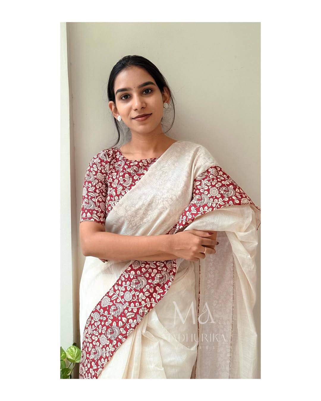 Women's Premium Pure Linen Cotton Saree | Traditional Handloom Look Kalamkari Floral Print Border Casual & Festive Sari with Running Blouse Piece | Lightweight Summer & Elegant Daily Wear (Off-White & Maroon)