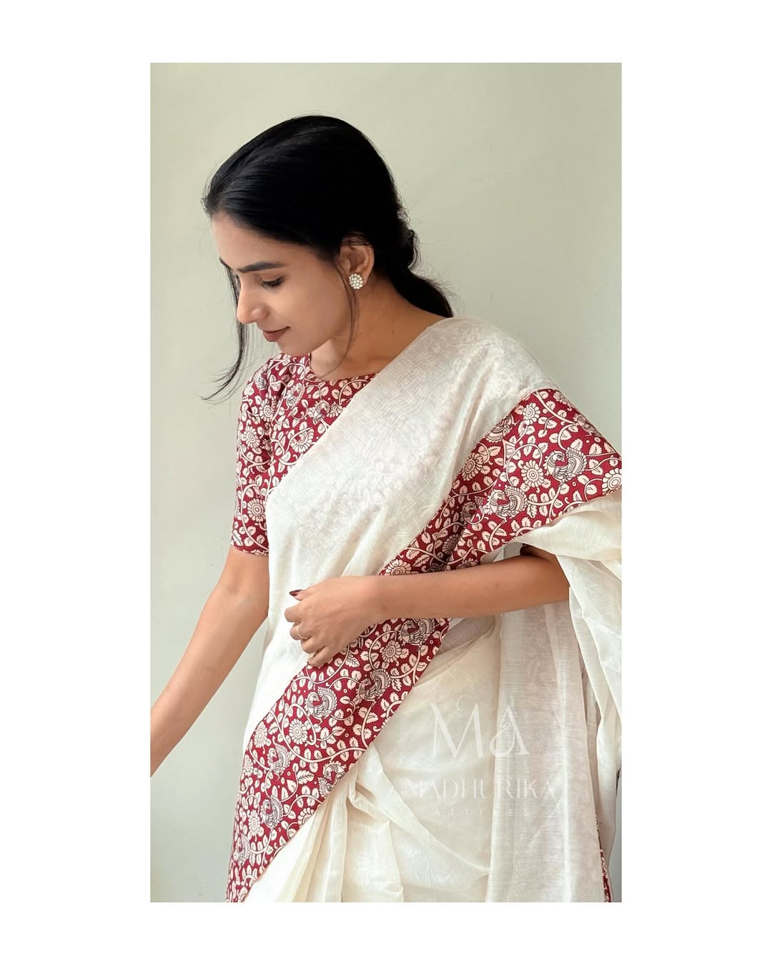 Women's Premium Pure Linen Cotton Saree | Traditional Handloom Look Kalamkari Floral Print Border Casual & Festive Sari with Running Blouse Piece | Lightweight Summer & Elegant Daily Wear (Off-White & Maroon)
