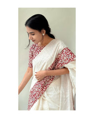 Women's Premium Pure Linen Cotton Saree | Traditional Handloom Look Kalamkari Floral Print Border Casual & Festive Sari with Running Blouse Piece | Lightweight Summer & Elegant Daily Wear (Off-White & Maroon)