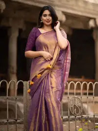 Royal Purple Tissue Silk Saree with Golden Zari Weaving & Running Blouse Piece