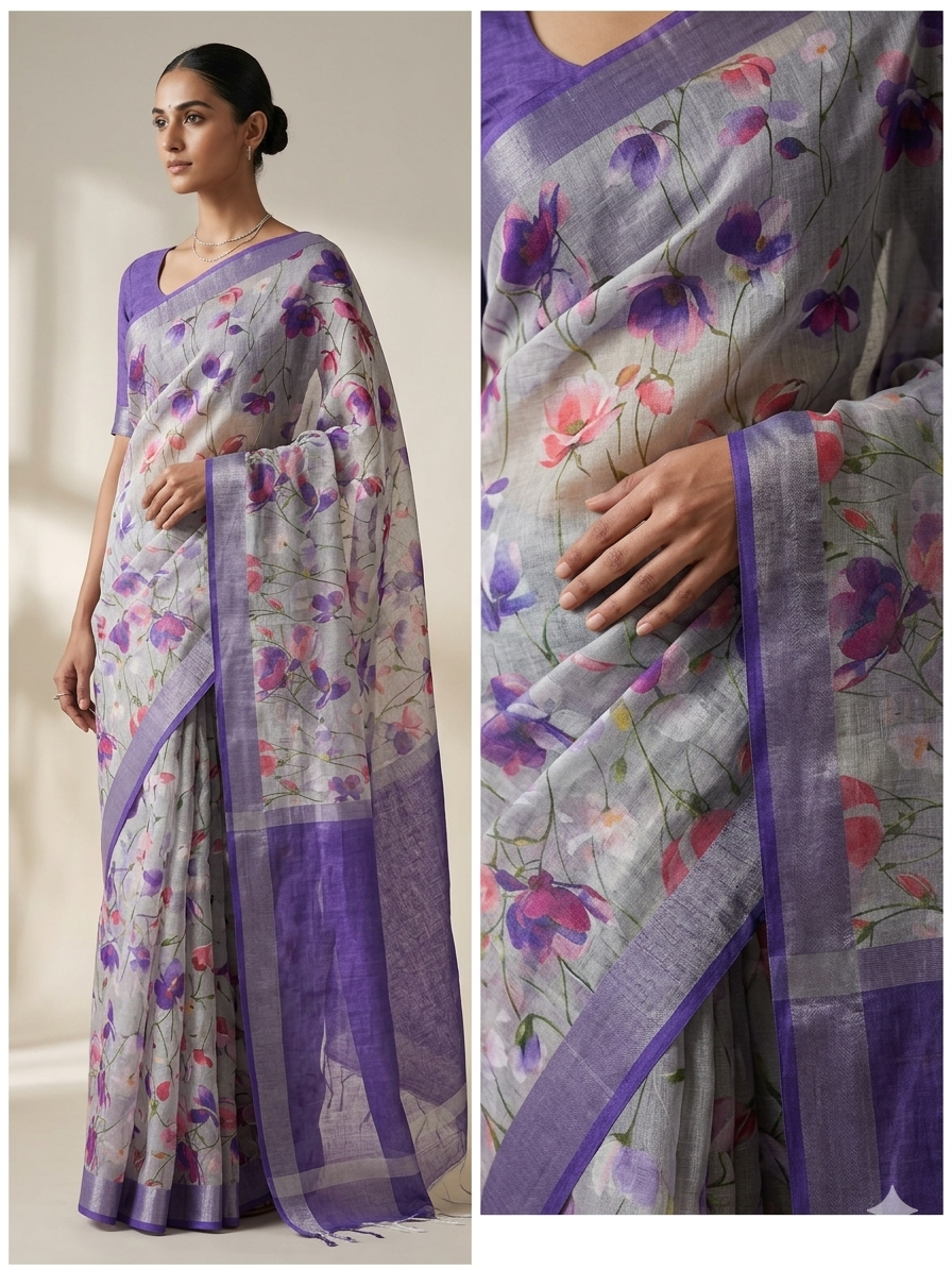 Pure Linen Cotton Watercolor Floral Saree with Rich Violet Zari Border – Soft Ivory & Amethyst Purple