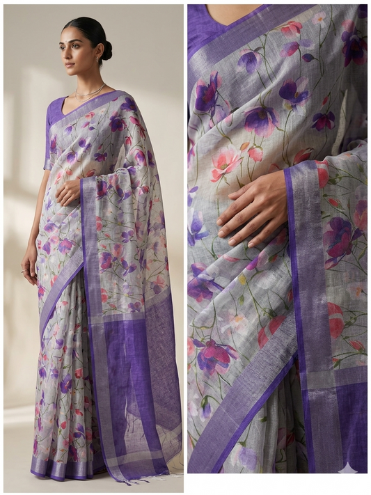 Pure Linen Cotton Floral Saree with Violet Zari Border
