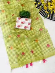 Emerald Check Cotton Saree – Floral Embroidery with Blouse Piece