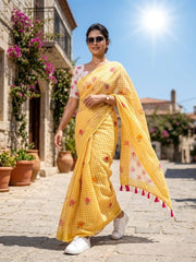 Sunlit Yellow Check Cotton Saree – Floral Embroidery with Blouse Piece