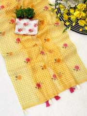 Sunlit Yellow Check Cotton Saree – Floral Embroidery with Blouse Piece