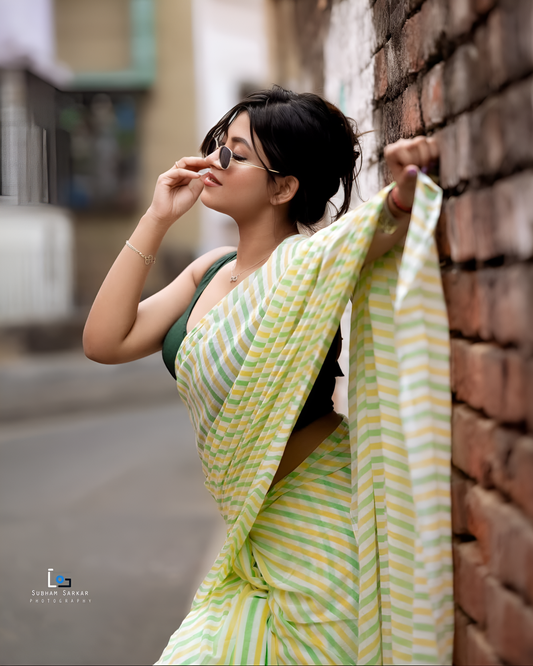 Linen Cotton Blend Leheriya Stripe Saree