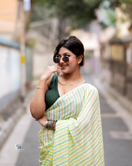 Women's Linen Cotton Blend Saree | Trendy Casual Candy Striped Leheriya Pattern Sari with Unstitched Blouse Piece | Lightweight Daily & Summer Wear (White, Yellow & Lime Green)