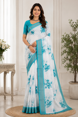 Linen Cotton Floral Saree with Turquoise Zari Border