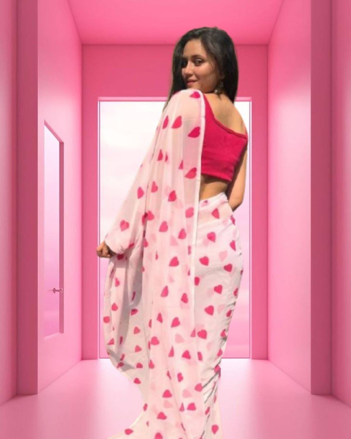 Women's Premium Pure Linen Cotton Saree | Romantic Heart Motif Printed Casual Sari with Unstitched Blouse Piece | Luxury Lightweight Summer & Daily Wear (Soft Light Pink & Magenta)