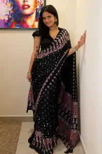 Mirror Ajrakh Modal Silk Saree With Blouse Set