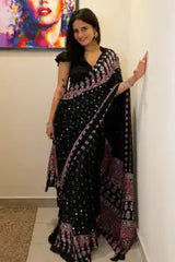 Mirror Ajrakh Modal Silk Saree With Blouse Set