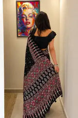 Mirror Ajrakh Modal Silk Saree With Blouse Set