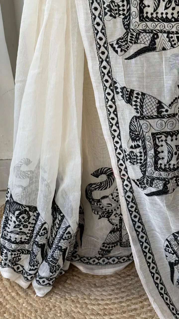 Women's Premium Pure Linen Cotton Saree | Traditional Madhubani Elephant Block Printed Casual Sari with Geometric Temple Border & Unstitched Blouse Piece | Luxury Lightweight Summer & Office Wear (Off-White & Charcoal Black)