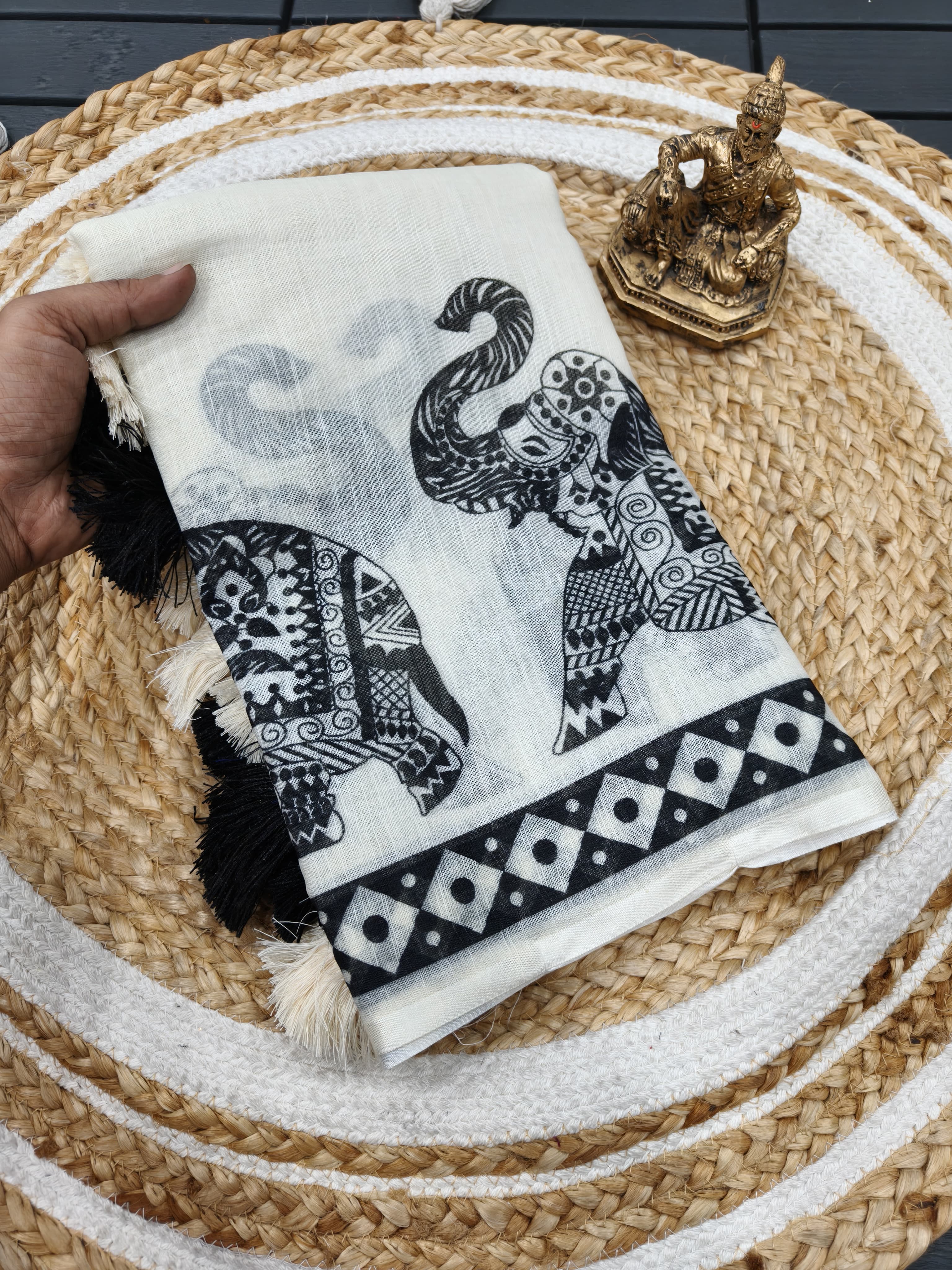 Women's Premium Pure Linen Cotton Saree | Traditional Madhubani Elephant Block Printed Casual Sari with Geometric Temple Border & Unstitched Blouse Piece | Luxury Lightweight Summer & Office Wear (Off-White & Charcoal Black)
